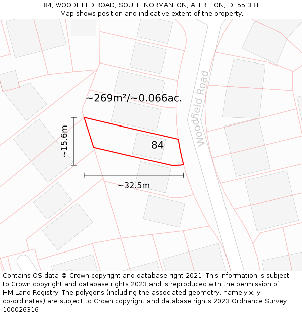 84, WOODFIELD ROAD, SOUTH NORMANTON, ALFRETON, DE55 3BT: Plot and title map