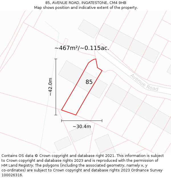 85, AVENUE ROAD, INGATESTONE, CM4 9HB: Plot and title map