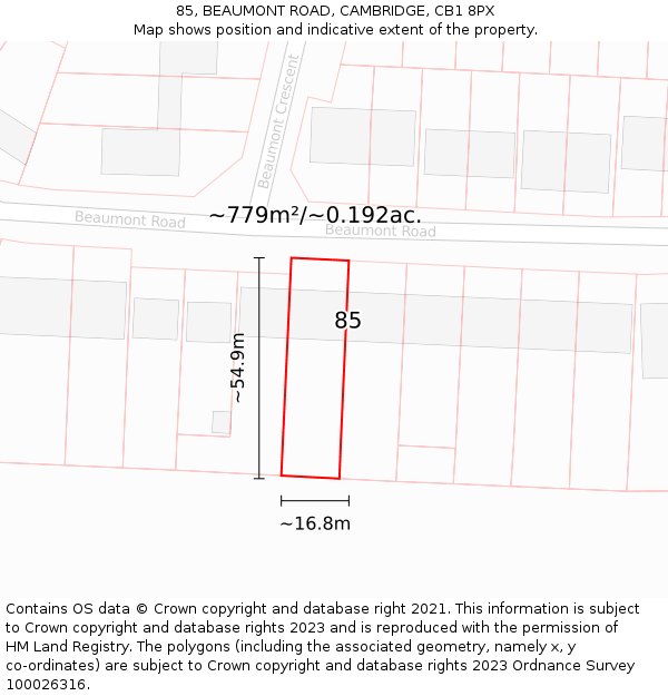 85, BEAUMONT ROAD, CAMBRIDGE, CB1 8PX: Plot and title map