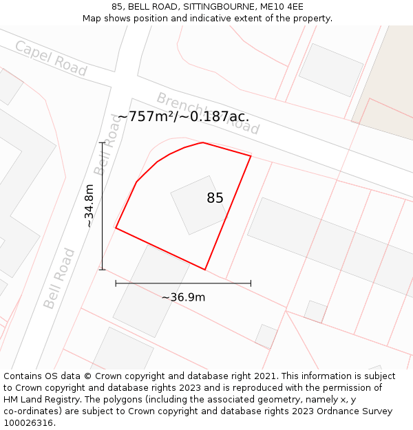 85, BELL ROAD, SITTINGBOURNE, ME10 4EE: Plot and title map