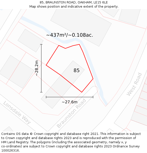 85, BRAUNSTON ROAD, OAKHAM, LE15 6LE: Plot and title map