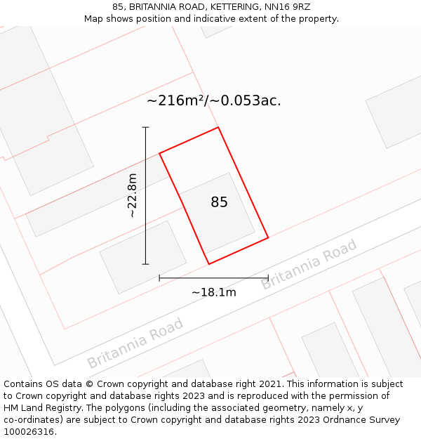 85, BRITANNIA ROAD, KETTERING, NN16 9RZ: Plot and title map