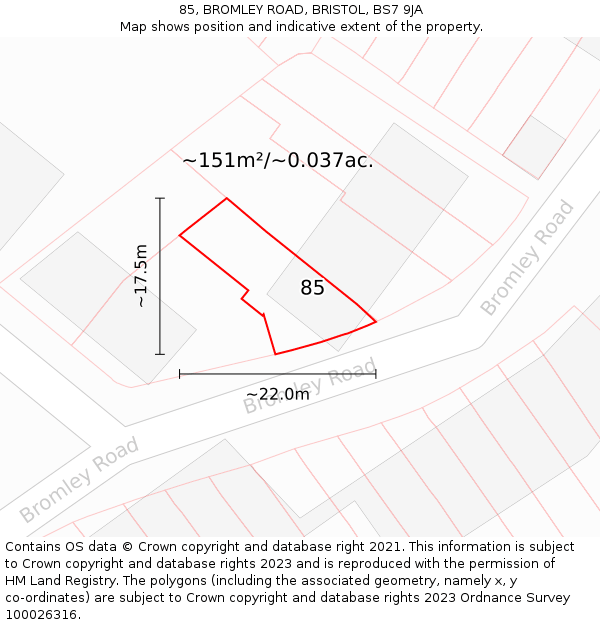 85, BROMLEY ROAD, BRISTOL, BS7 9JA: Plot and title map