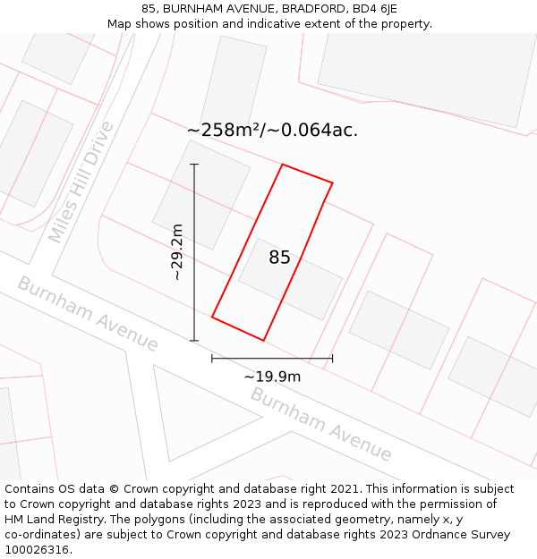 85, BURNHAM AVENUE, BRADFORD, BD4 6JE: Plot and title map