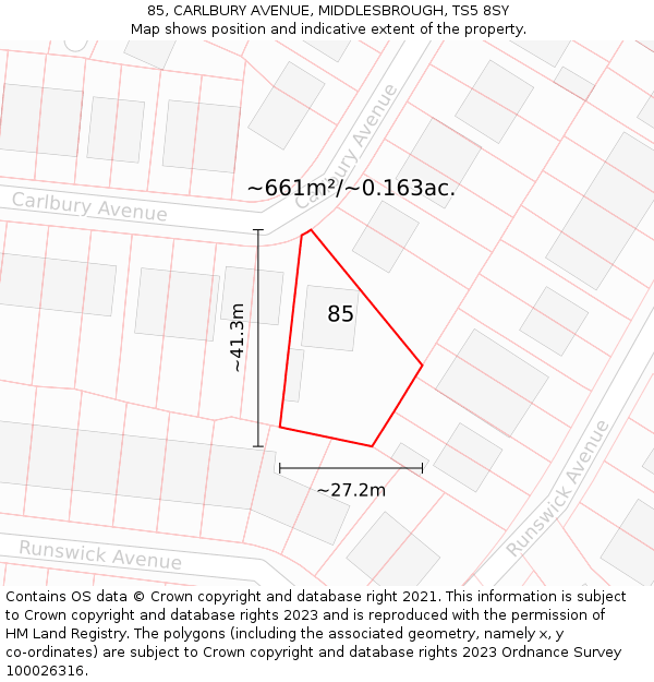 85, CARLBURY AVENUE, MIDDLESBROUGH, TS5 8SY: Plot and title map