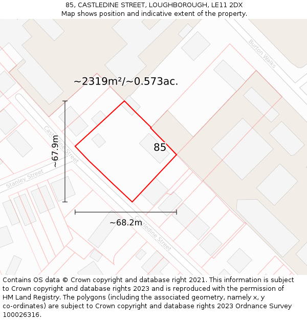 85, CASTLEDINE STREET, LOUGHBOROUGH, LE11 2DX: Plot and title map