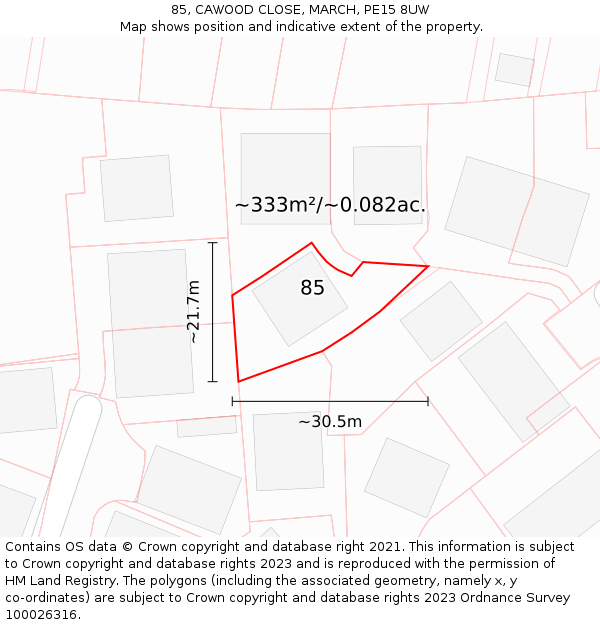 85, CAWOOD CLOSE, MARCH, PE15 8UW: Plot and title map