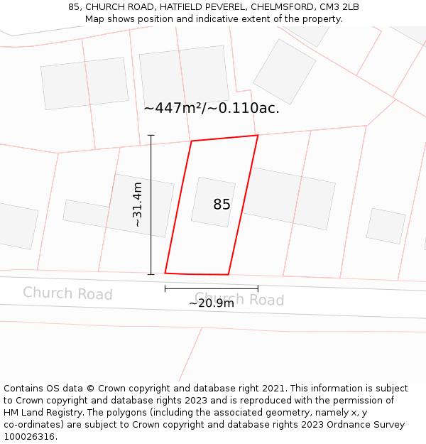 85, CHURCH ROAD, HATFIELD PEVEREL, CHELMSFORD, CM3 2LB: Plot and title map