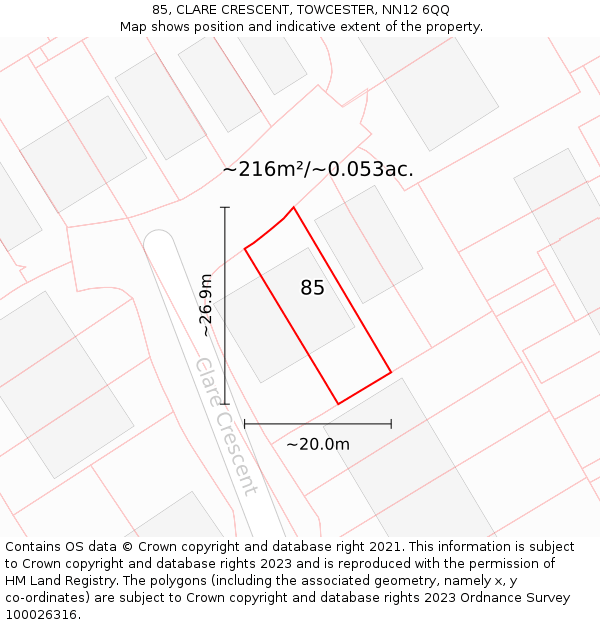 85, CLARE CRESCENT, TOWCESTER, NN12 6QQ: Plot and title map