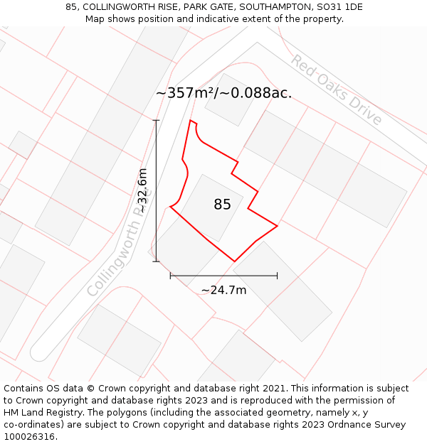 85, COLLINGWORTH RISE, PARK GATE, SOUTHAMPTON, SO31 1DE: Plot and title map