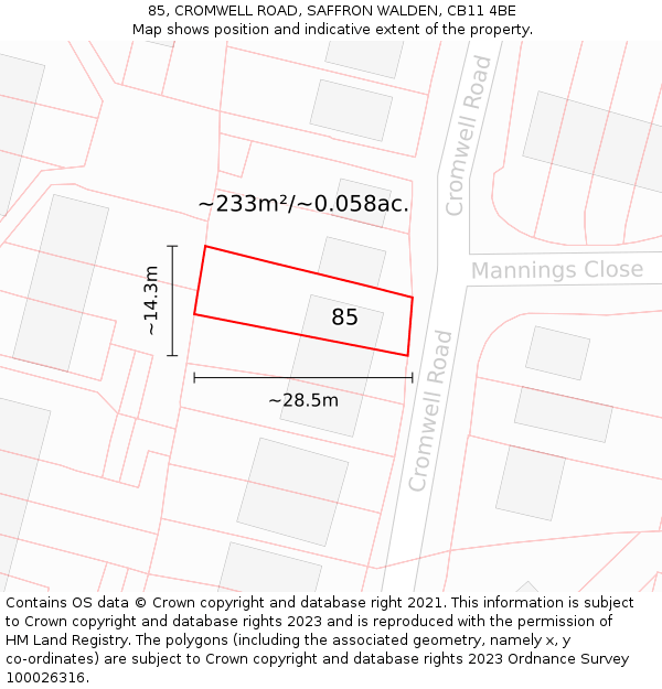 85, CROMWELL ROAD, SAFFRON WALDEN, CB11 4BE: Plot and title map