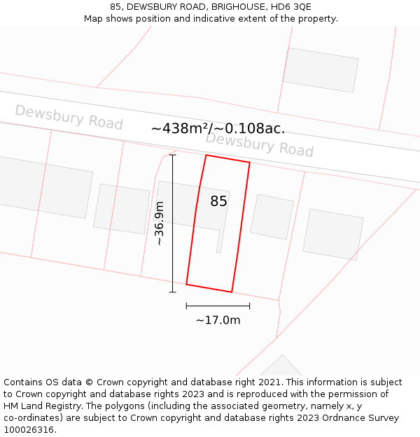 85, DEWSBURY ROAD, BRIGHOUSE, HD6 3QE: Plot and title map