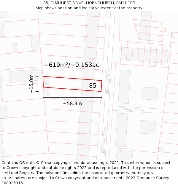 85, ELMHURST DRIVE, HORNCHURCH, RM11 1PB: Plot and title map
