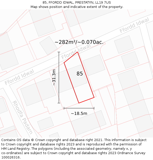 85, FFORDD IDWAL, PRESTATYN, LL19 7US: Plot and title map