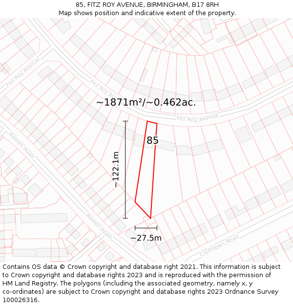 85, FITZ ROY AVENUE, BIRMINGHAM, B17 8RH: Plot and title map