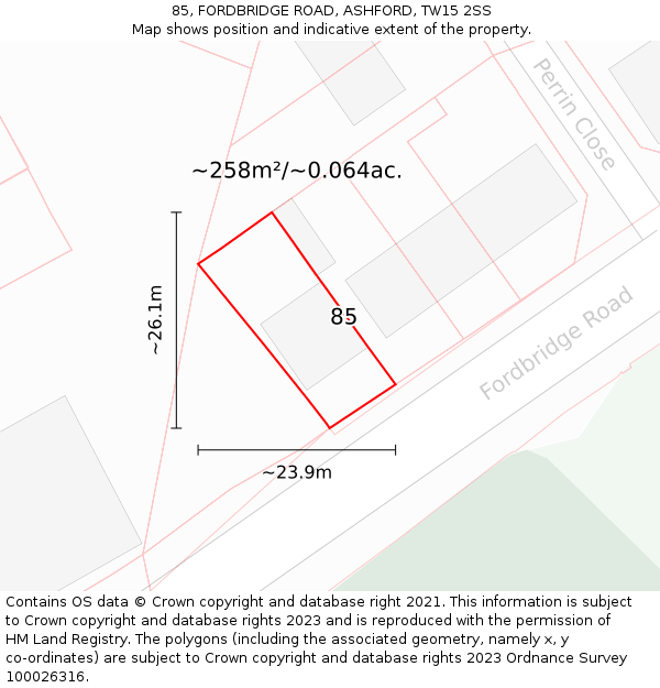 85, FORDBRIDGE ROAD, ASHFORD, TW15 2SS: Plot and title map