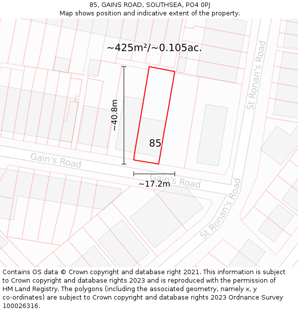 85, GAINS ROAD, SOUTHSEA, PO4 0PJ: Plot and title map