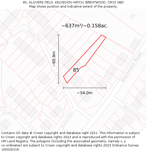 85, GLOVERS FIELD, KELVEDON HATCH, BRENTWOOD, CM15 0BD: Plot and title map