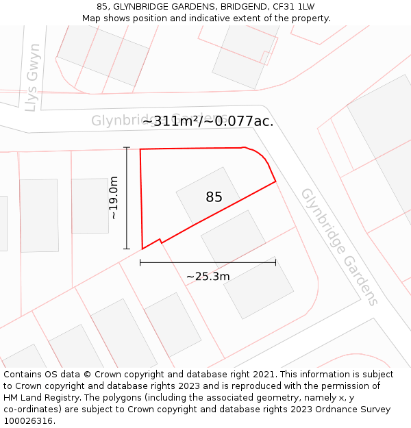 85, GLYNBRIDGE GARDENS, BRIDGEND, CF31 1LW: Plot and title map