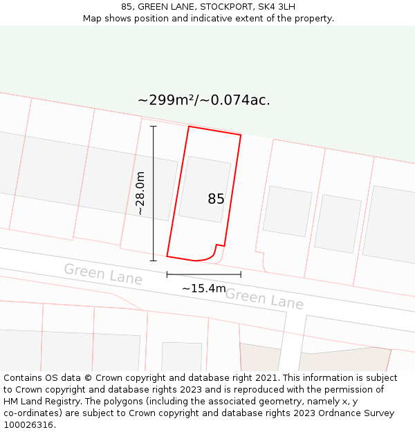 85, GREEN LANE, STOCKPORT, SK4 3LH: Plot and title map