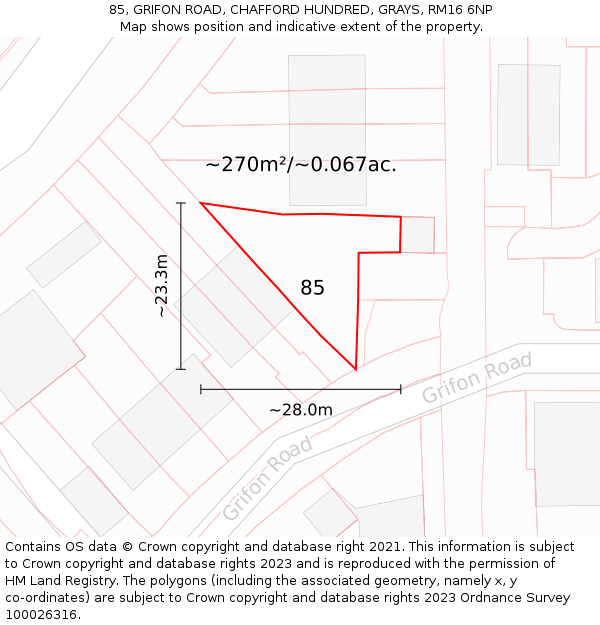 85, GRIFON ROAD, CHAFFORD HUNDRED, GRAYS, RM16 6NP: Plot and title map