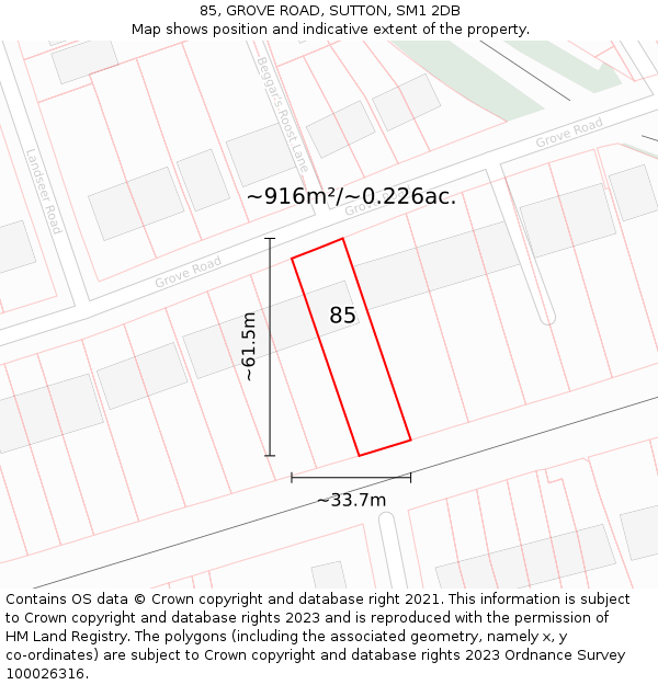85, GROVE ROAD, SUTTON, SM1 2DB: Plot and title map