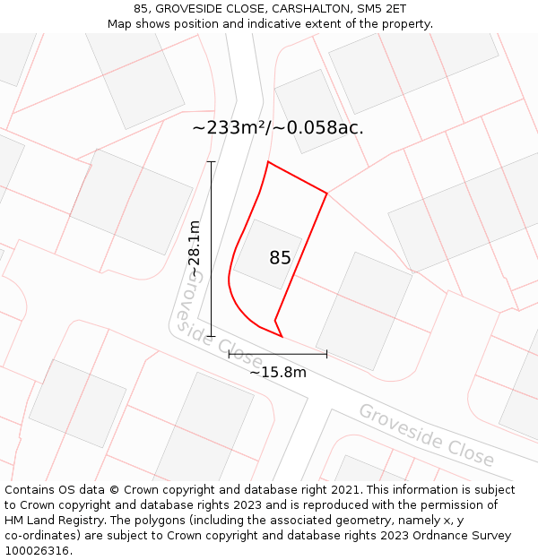 85, GROVESIDE CLOSE, CARSHALTON, SM5 2ET: Plot and title map