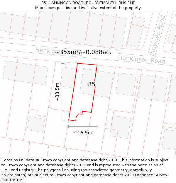 85, HANKINSON ROAD, BOURNEMOUTH, BH9 1HP: Plot and title map