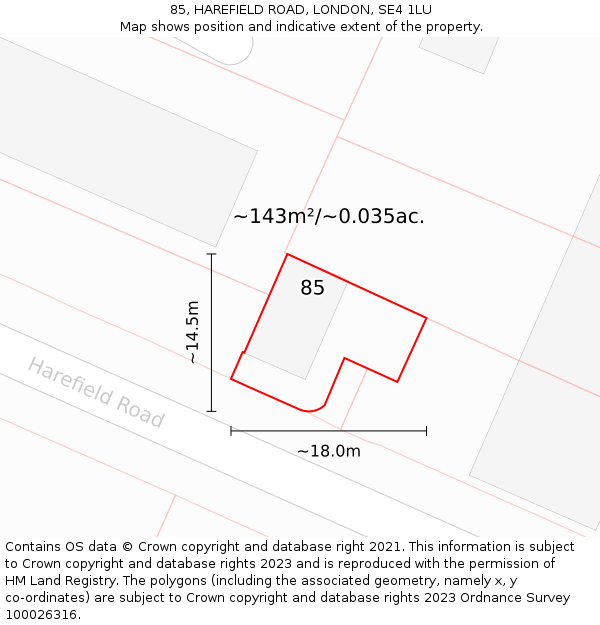 85, HAREFIELD ROAD, LONDON, SE4 1LU: Plot and title map