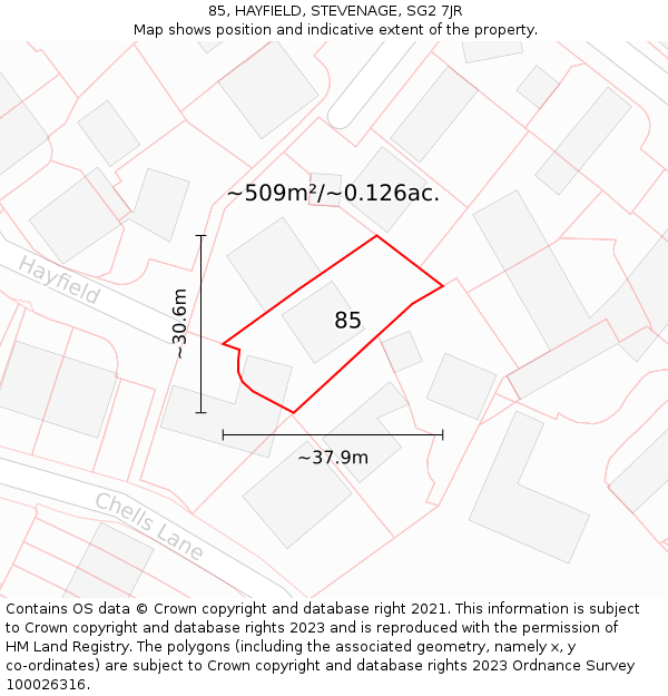 85, HAYFIELD, STEVENAGE, SG2 7JR: Plot and title map