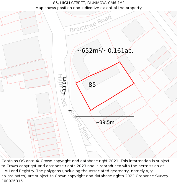85, HIGH STREET, DUNMOW, CM6 1AF: Plot and title map