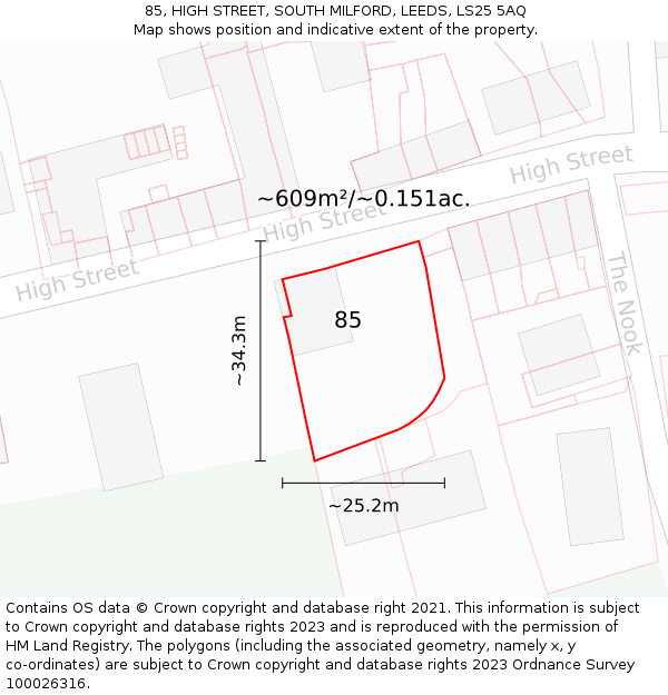 85, HIGH STREET, SOUTH MILFORD, LEEDS, LS25 5AQ: Plot and title map