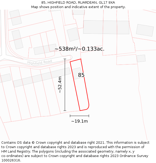 85, HIGHFIELD ROAD, RUARDEAN, GL17 9XA: Plot and title map