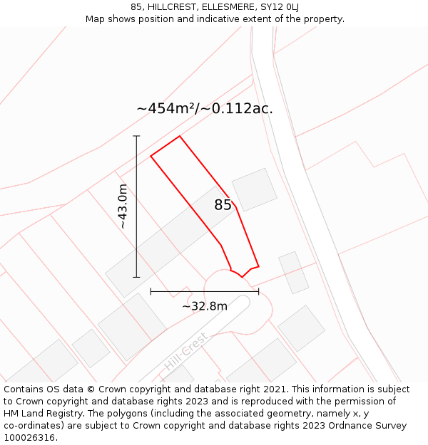 85, HILLCREST, ELLESMERE, SY12 0LJ: Plot and title map