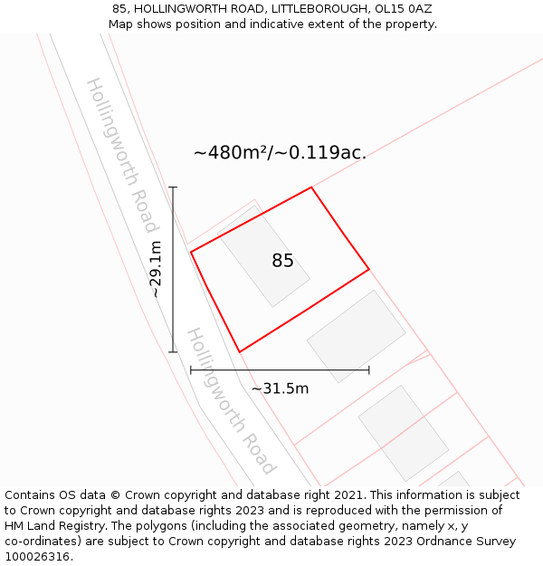 85, HOLLINGWORTH ROAD, LITTLEBOROUGH, OL15 0AZ: Plot and title map