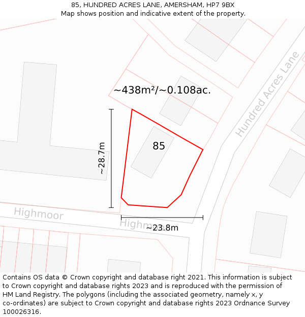 85, HUNDRED ACRES LANE, AMERSHAM, HP7 9BX: Plot and title map