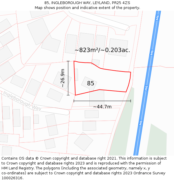 85, INGLEBOROUGH WAY, LEYLAND, PR25 4ZS: Plot and title map