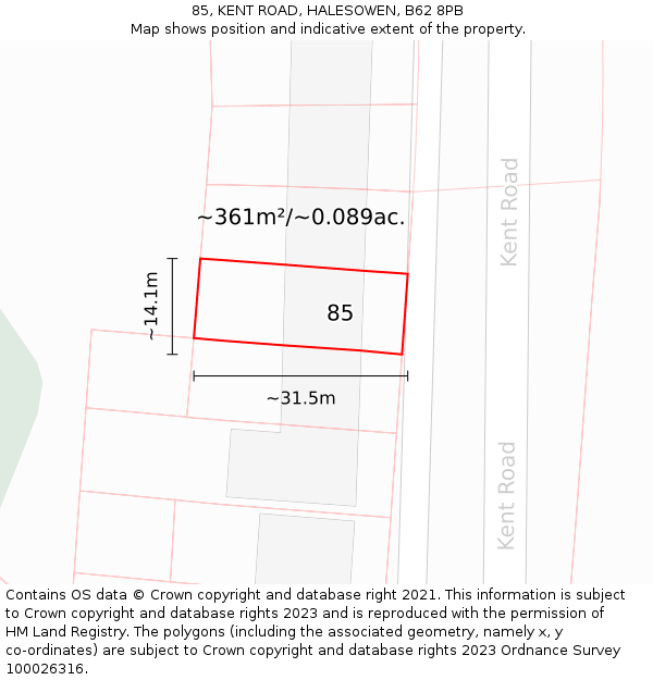 85, KENT ROAD, HALESOWEN, B62 8PB: Plot and title map