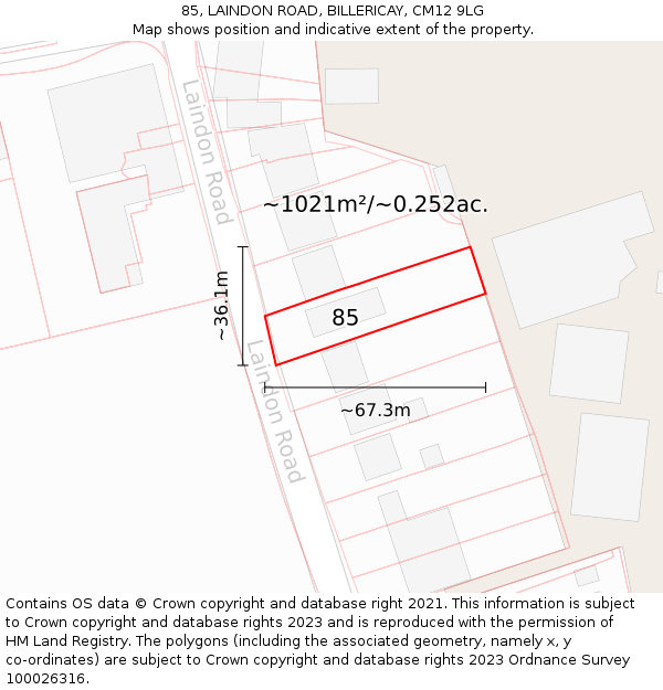 85, LAINDON ROAD, BILLERICAY, CM12 9LG: Plot and title map