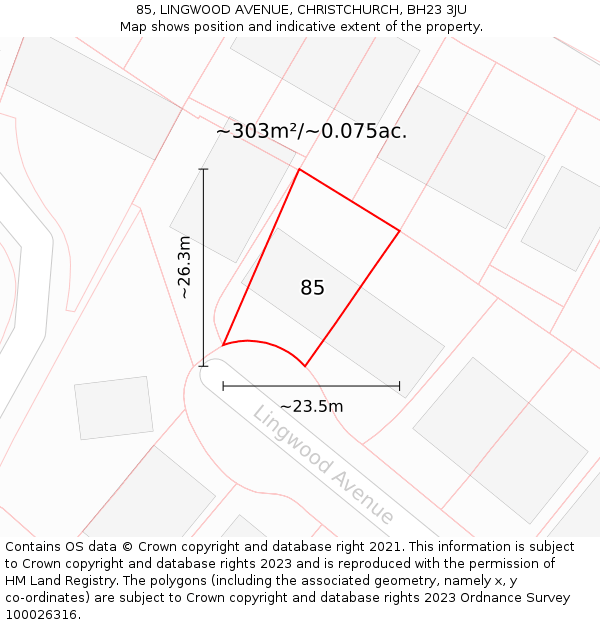 85, LINGWOOD AVENUE, CHRISTCHURCH, BH23 3JU: Plot and title map