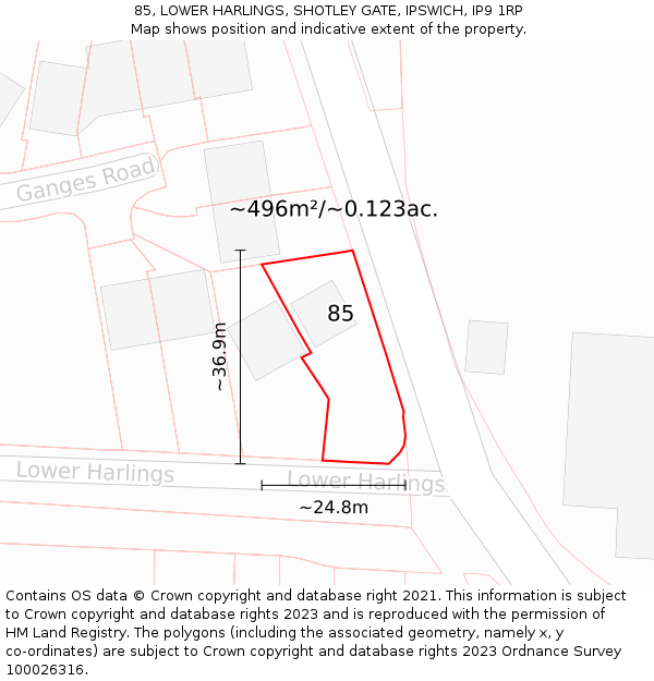 85, LOWER HARLINGS, SHOTLEY GATE, IPSWICH, IP9 1RP: Plot and title map