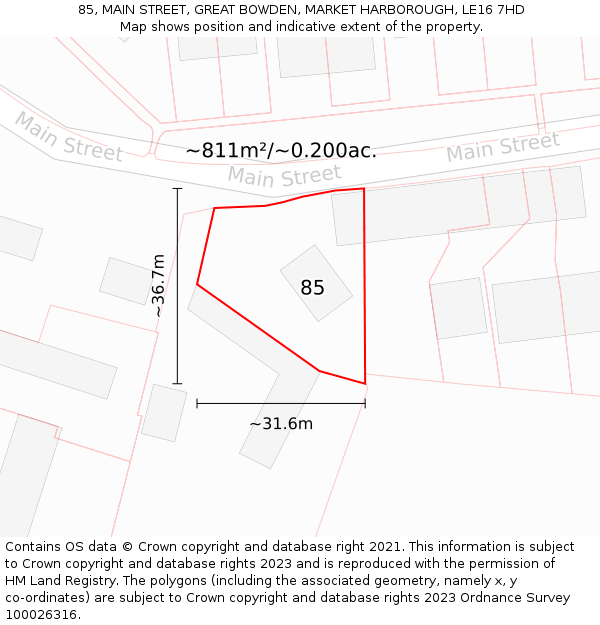 85, MAIN STREET, GREAT BOWDEN, MARKET HARBOROUGH, LE16 7HD: Plot and title map