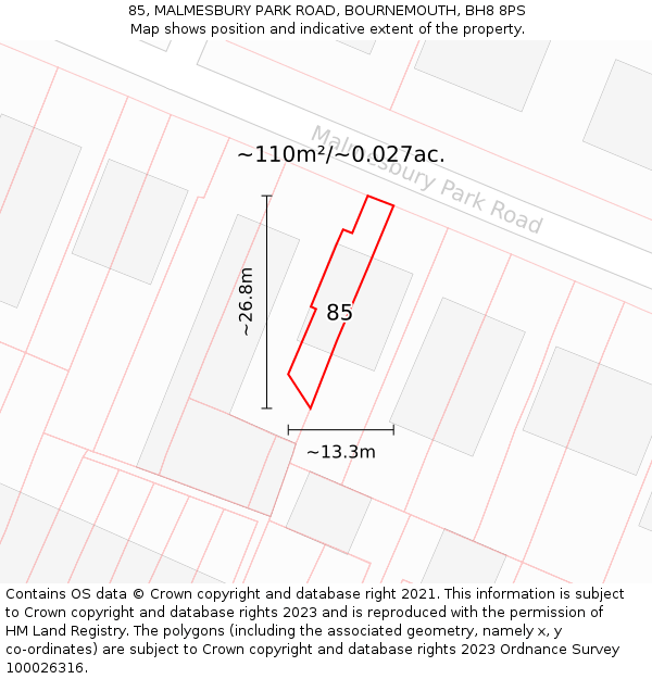 85, MALMESBURY PARK ROAD, BOURNEMOUTH, BH8 8PS: Plot and title map