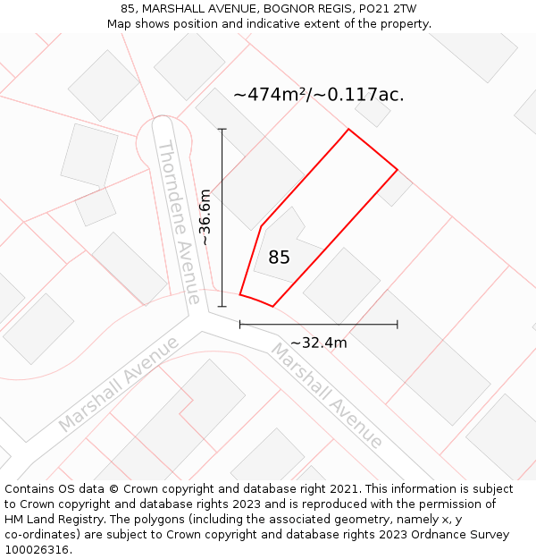 85, MARSHALL AVENUE, BOGNOR REGIS, PO21 2TW: Plot and title map