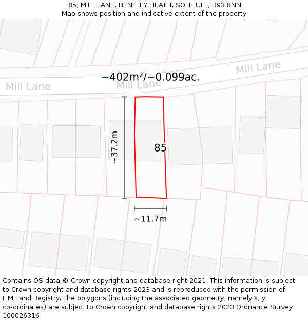 85, MILL LANE, BENTLEY HEATH, SOLIHULL, B93 8NN: Plot and title map