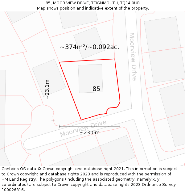 85, MOOR VIEW DRIVE, TEIGNMOUTH, TQ14 9UR: Plot and title map