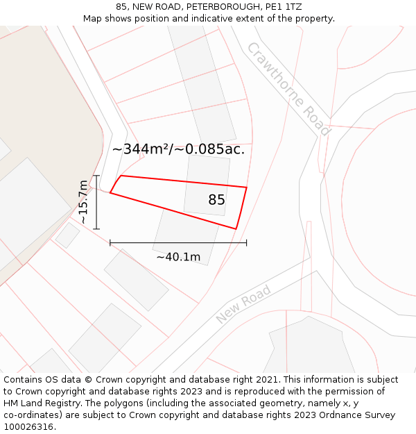 85, NEW ROAD, PETERBOROUGH, PE1 1TZ: Plot and title map