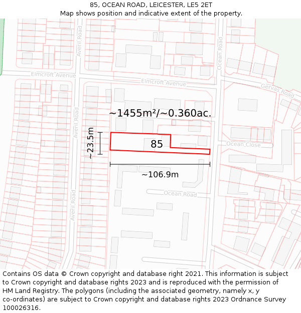 85, OCEAN ROAD, LEICESTER, LE5 2ET: Plot and title map