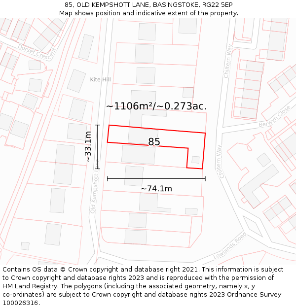 85, OLD KEMPSHOTT LANE, BASINGSTOKE, RG22 5EP: Plot and title map