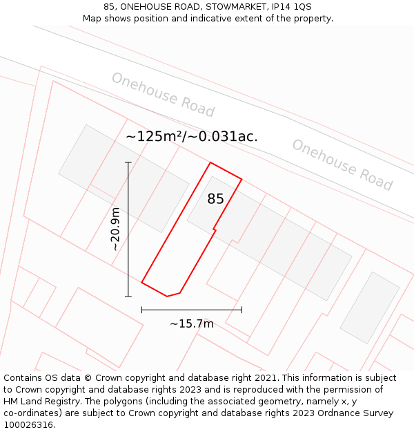 85, ONEHOUSE ROAD, STOWMARKET, IP14 1QS: Plot and title map